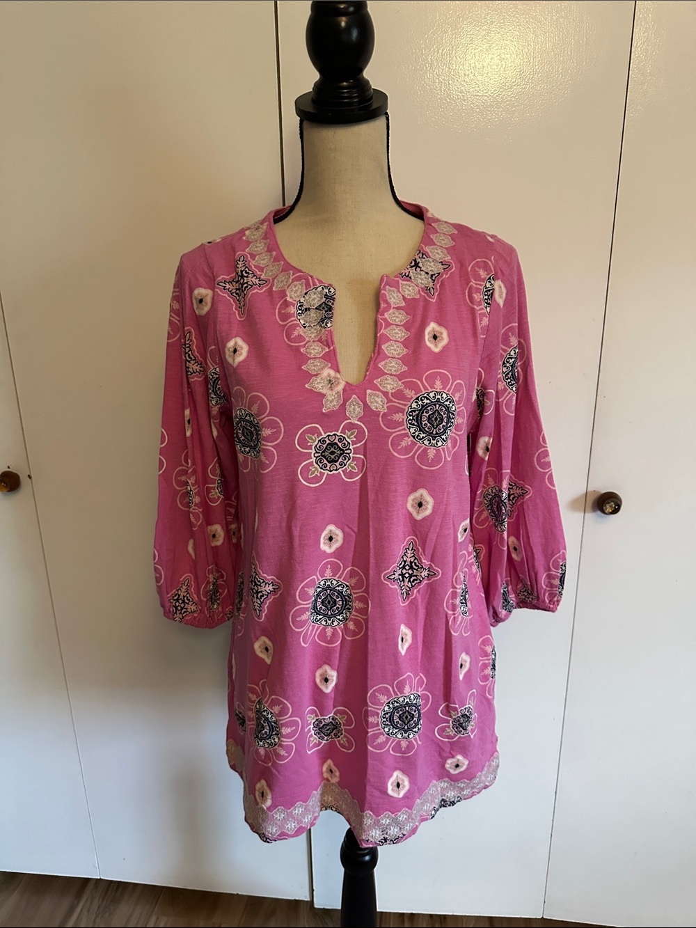 Charter Club Pink Floral Split V-Neck Tunic